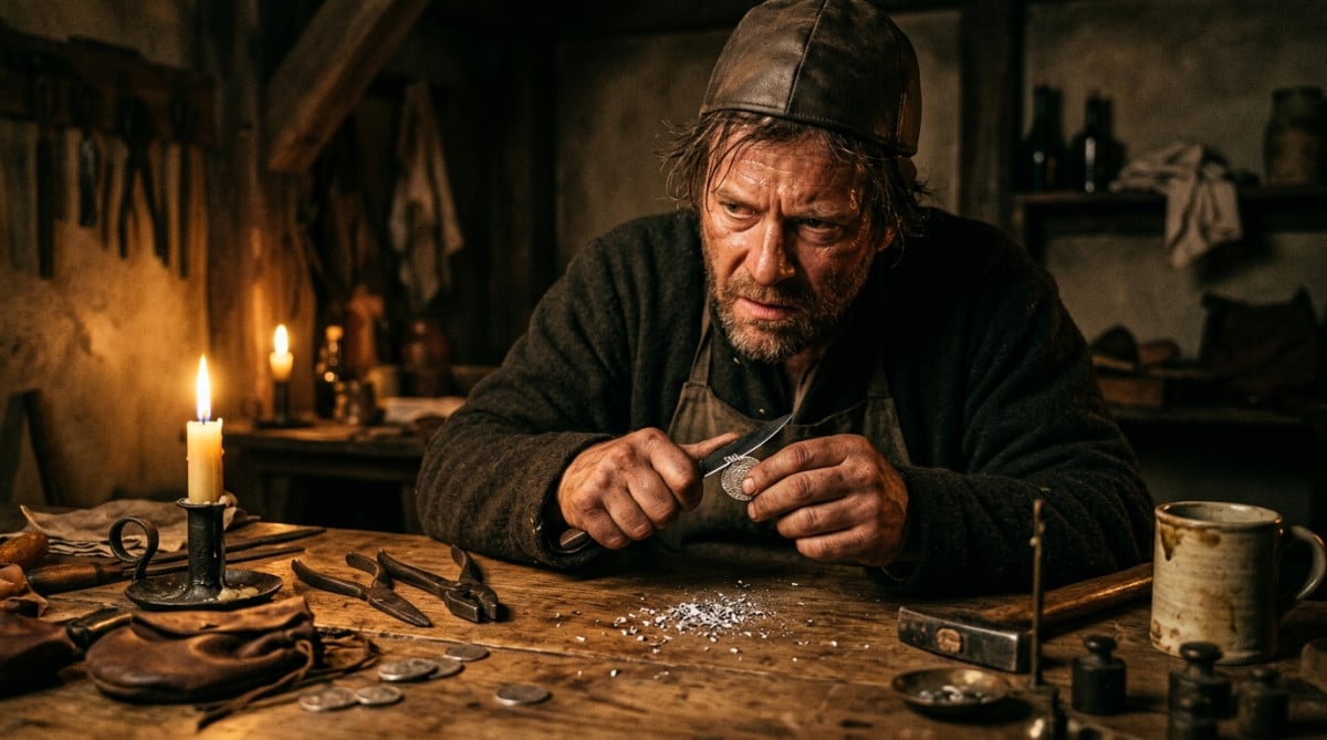 Faussaire du XVIIe siècle rognant le bord d'une pièce d'argent
