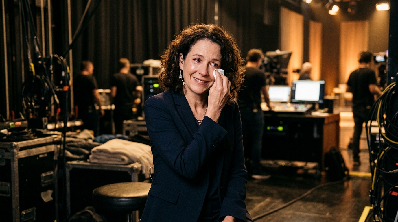 Femme émue mais souriante dans les coulisses d'un plateau télé