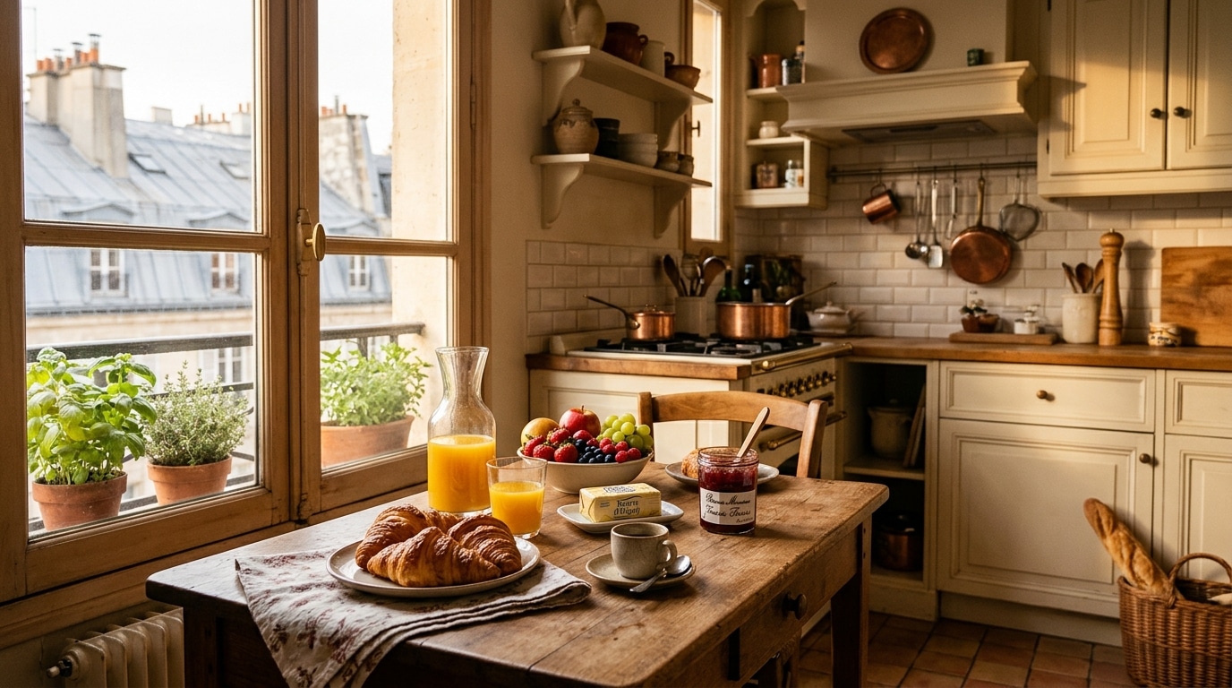 Cuisine ensoleillée d'un appartement parisien avec petit-déjeuner