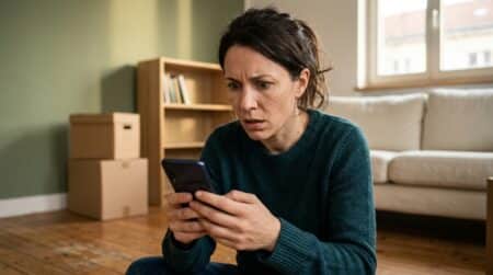Acheteur déçu dans un salon vide, smartphone en main
