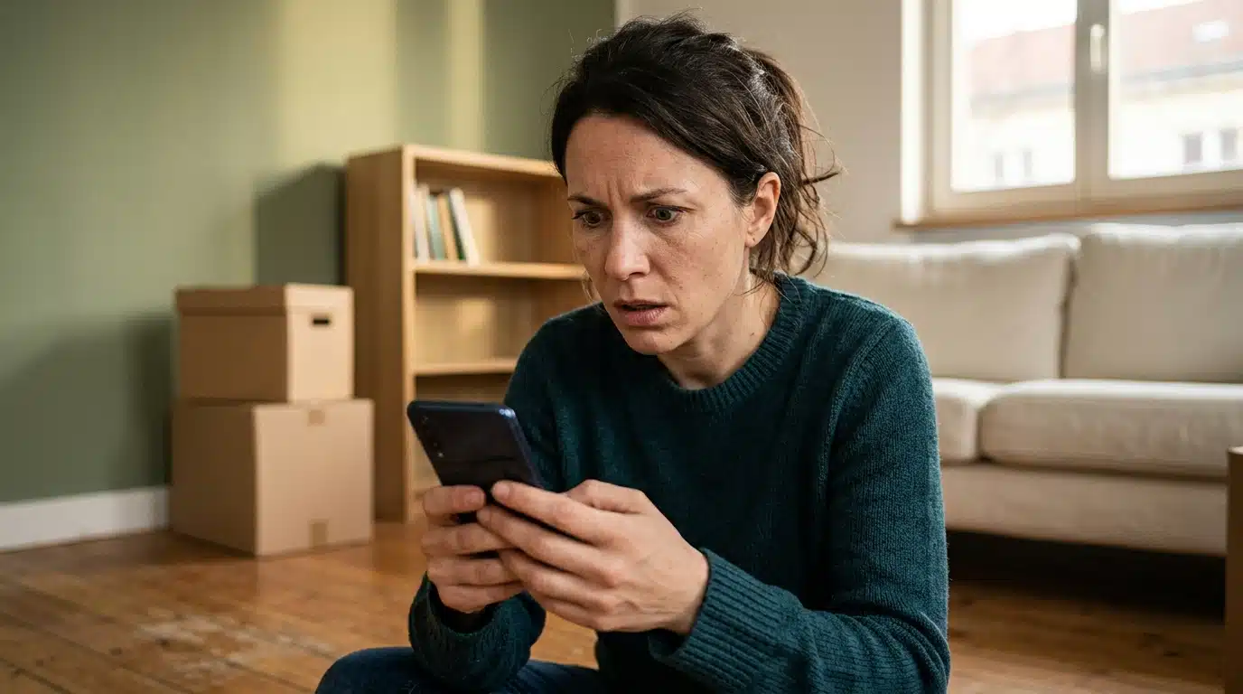 Acheteur déçu dans un salon vide, smartphone en main