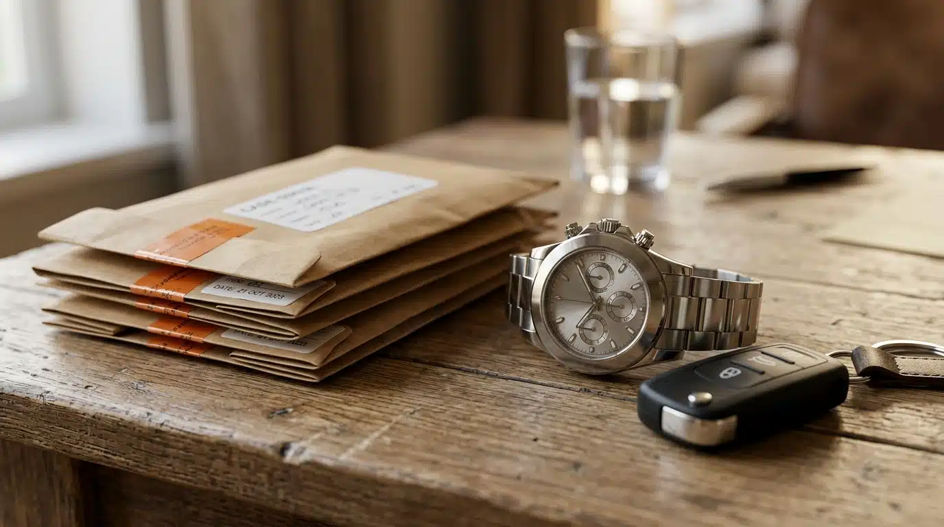 Montre de luxe et clé de voiture posées sur une table