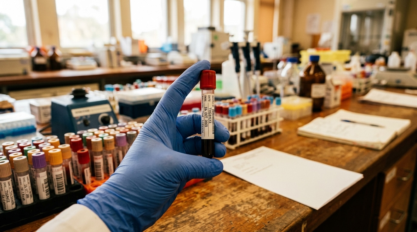Tube de prélèvement sanguin tenu dans un laboratoire de toxicologie