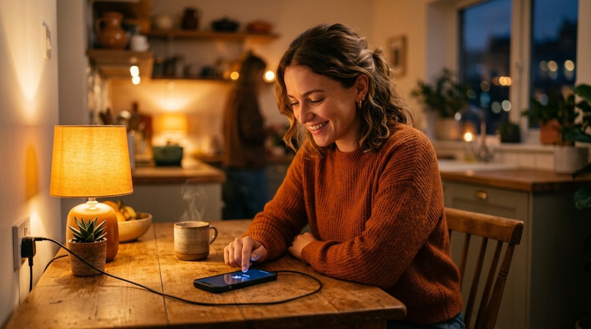 Femme active le mode avion sur son téléphone en charge