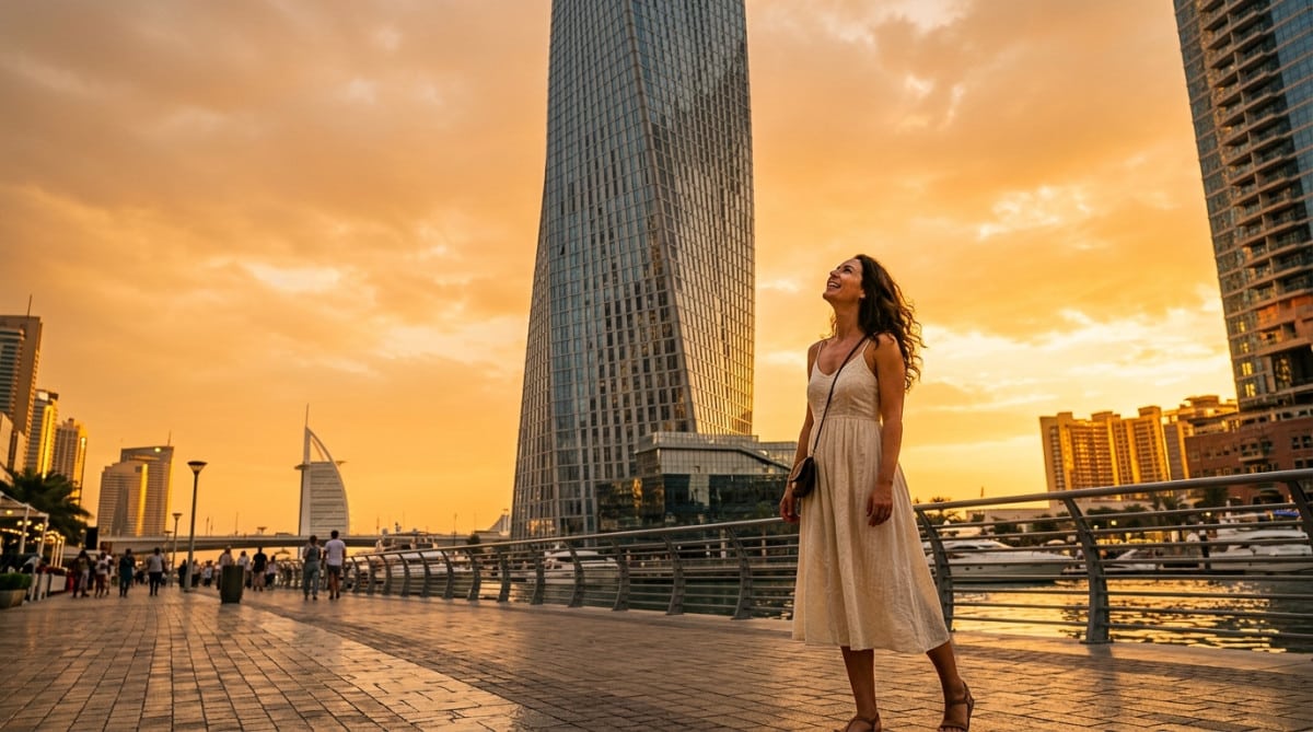 Femme admirant la tour Burj Khalifa à Dubaï