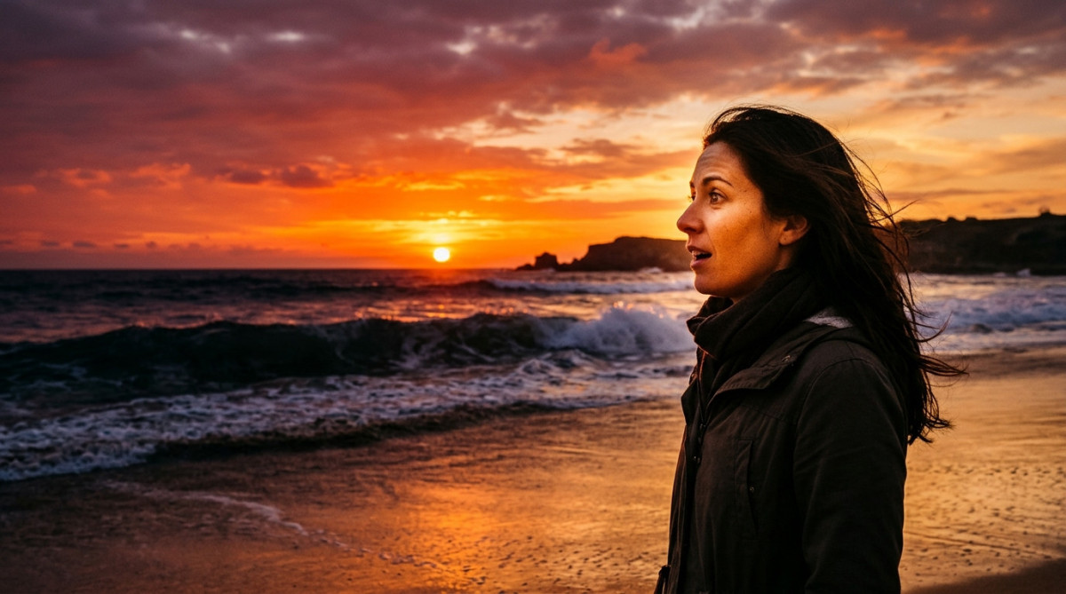 Femme admirant un coucher de soleil orange sur la plage