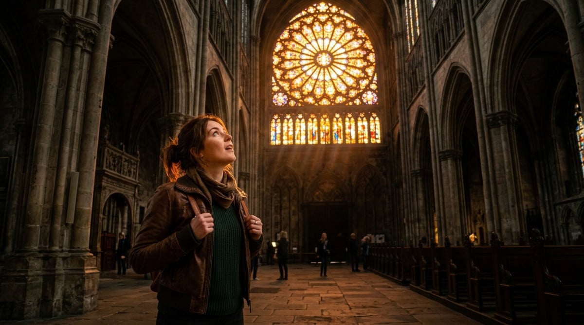 Femme admirant un vitrail de cathédrale lumineux