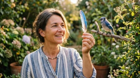 Femme admirant une plume de geai bleu à la lumière