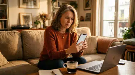 Femme agacée devant son smartphone et son abonnement
