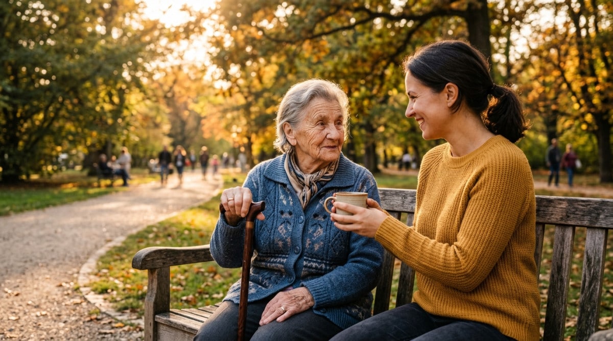 Femme âgée pensive dans un parc ensoleillé avec sa famille