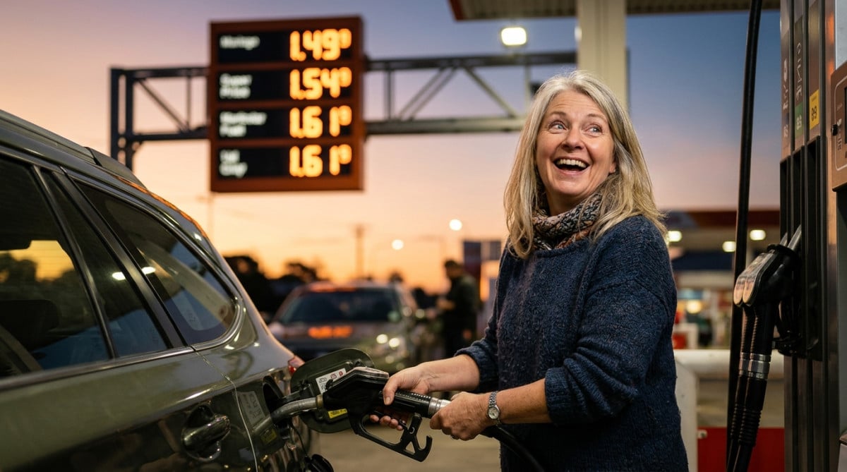 Femme amusée regardant le panneau des prix du carburant
