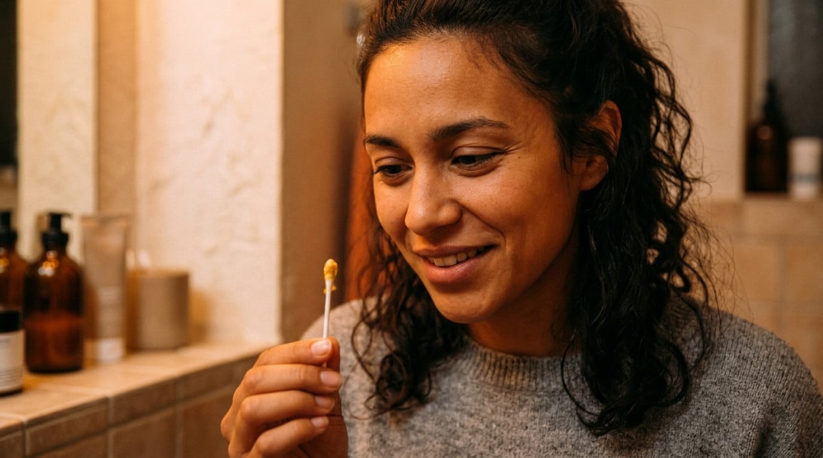 Femme amusée regardant un coton-tige avec du cérumen