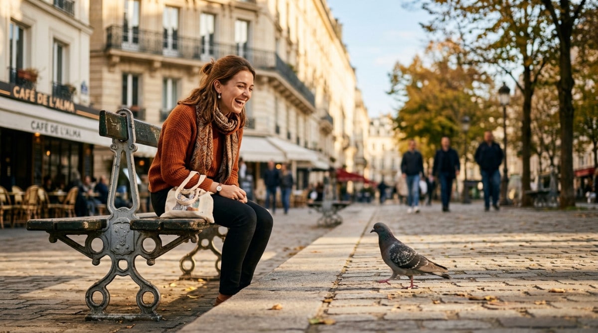 Femme amusée regardant un pigeon marcher sur une place