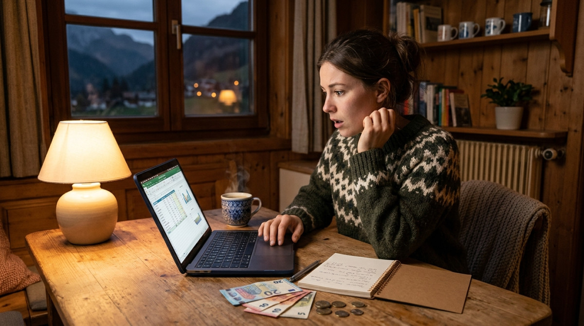 Femme analysant son budget mensuel dans un appartement de montagne
