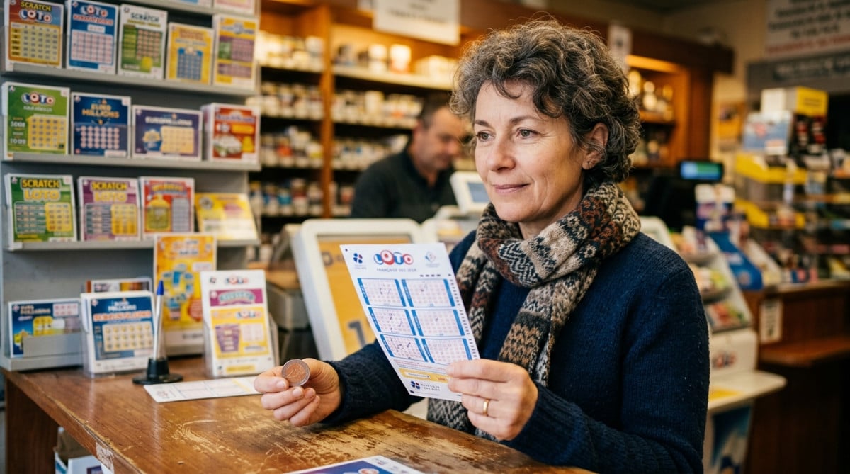 Femme au comptoir d'un bureau de tabac avec une grille de Loto