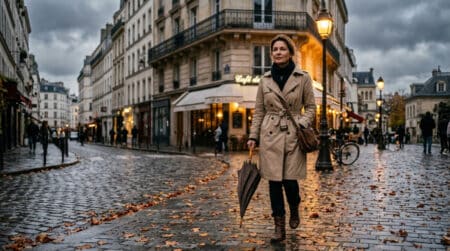 Femme au parapluie dans une rue grise de Paris