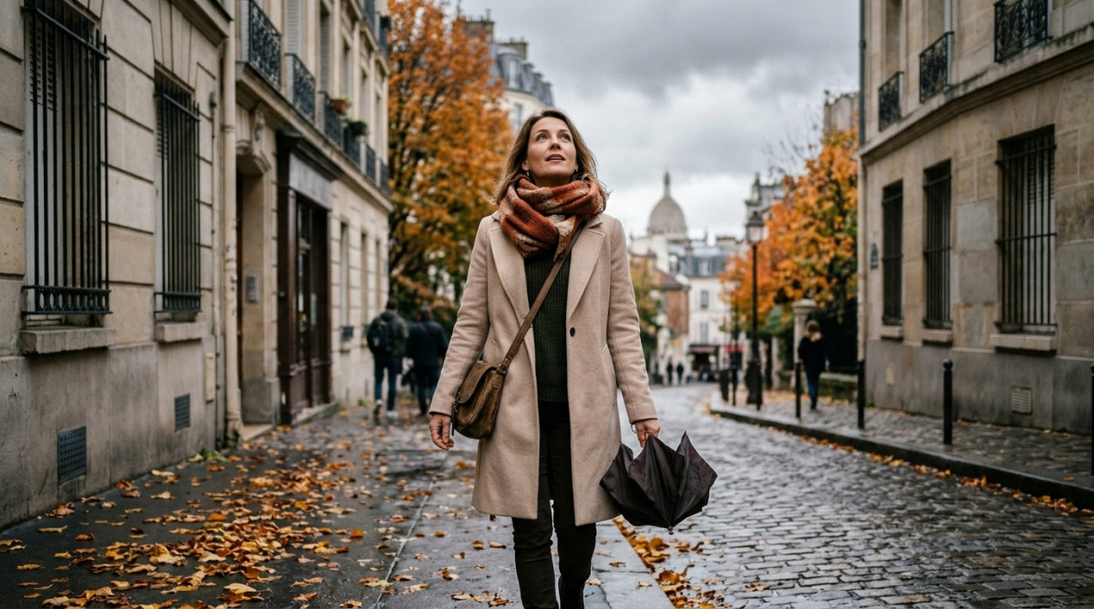 Femme avec écharpe marchant sous un ciel gris à Paris