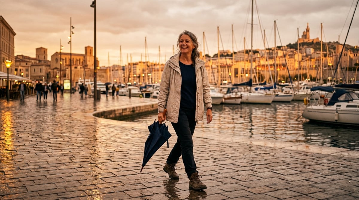 Femme avec parapluie sur le Vieux-Port de Marseille sous la bruine