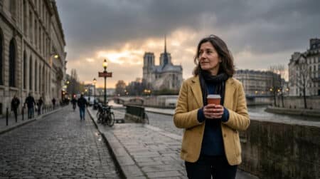 Femme avec un café dans les rues de Paris sous un ciel gris