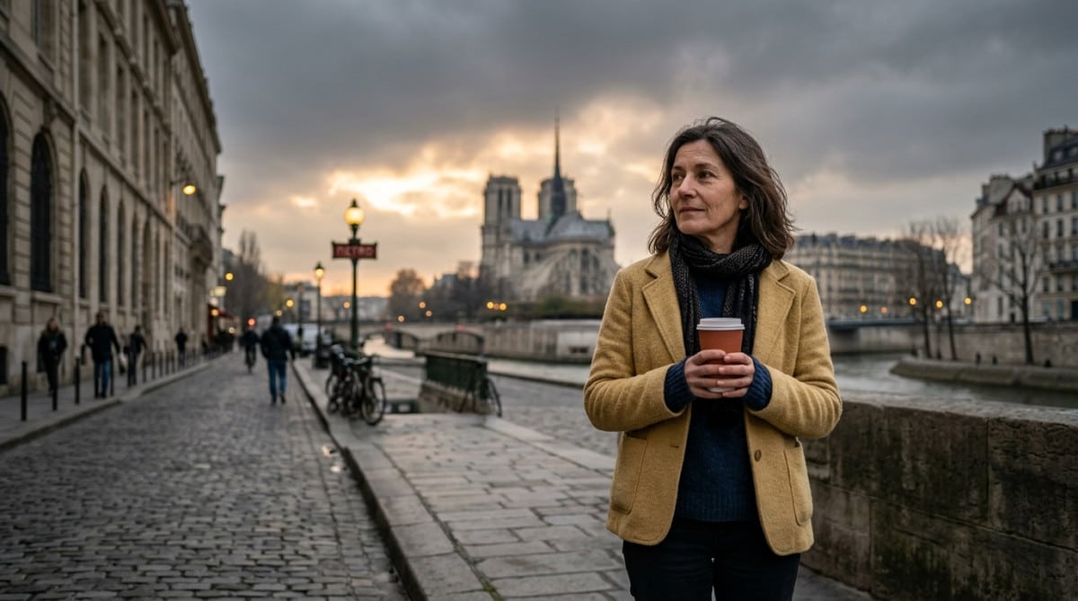 Femme avec un café dans les rues de Paris sous un ciel gris