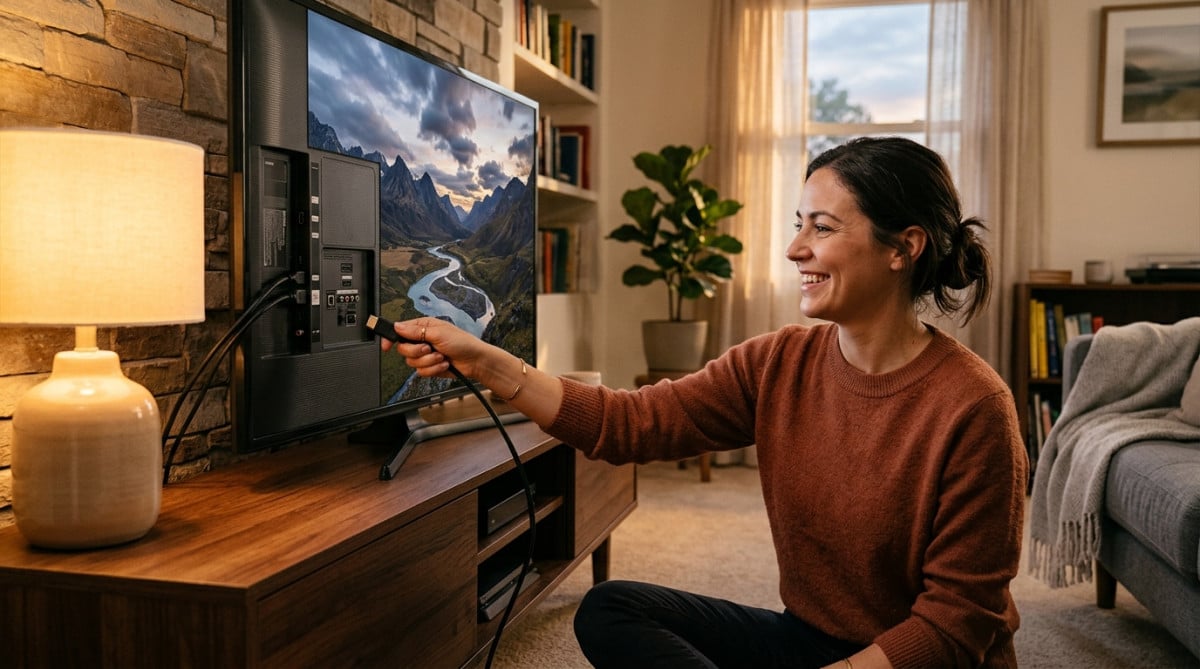 Femme branchant un câble HDMI sur sa télé