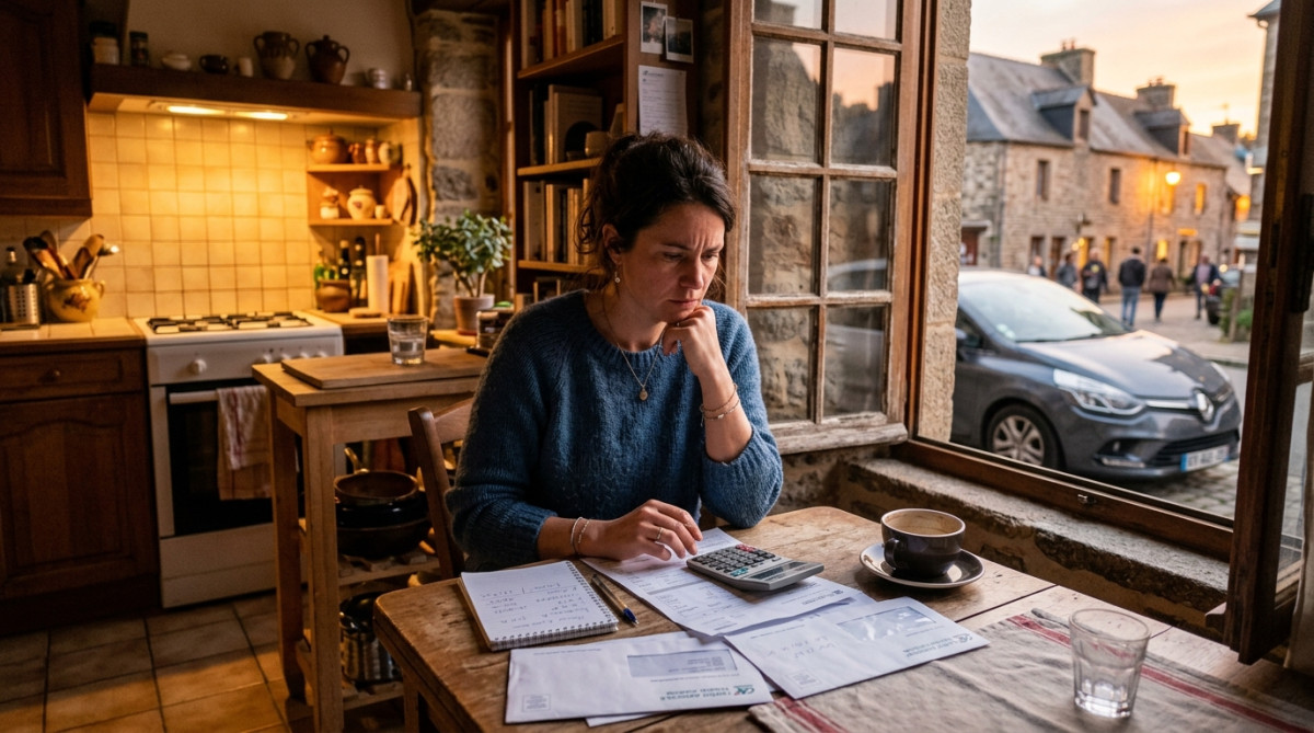 Femme calculant son budget à la table de sa cuisine