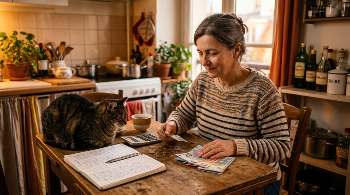 Femme calculant son budget à la table de sa cuisine avec son chat