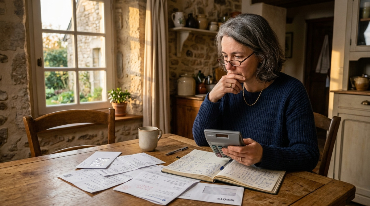 Femme calculant son budget mensuel à sa table de cuisine