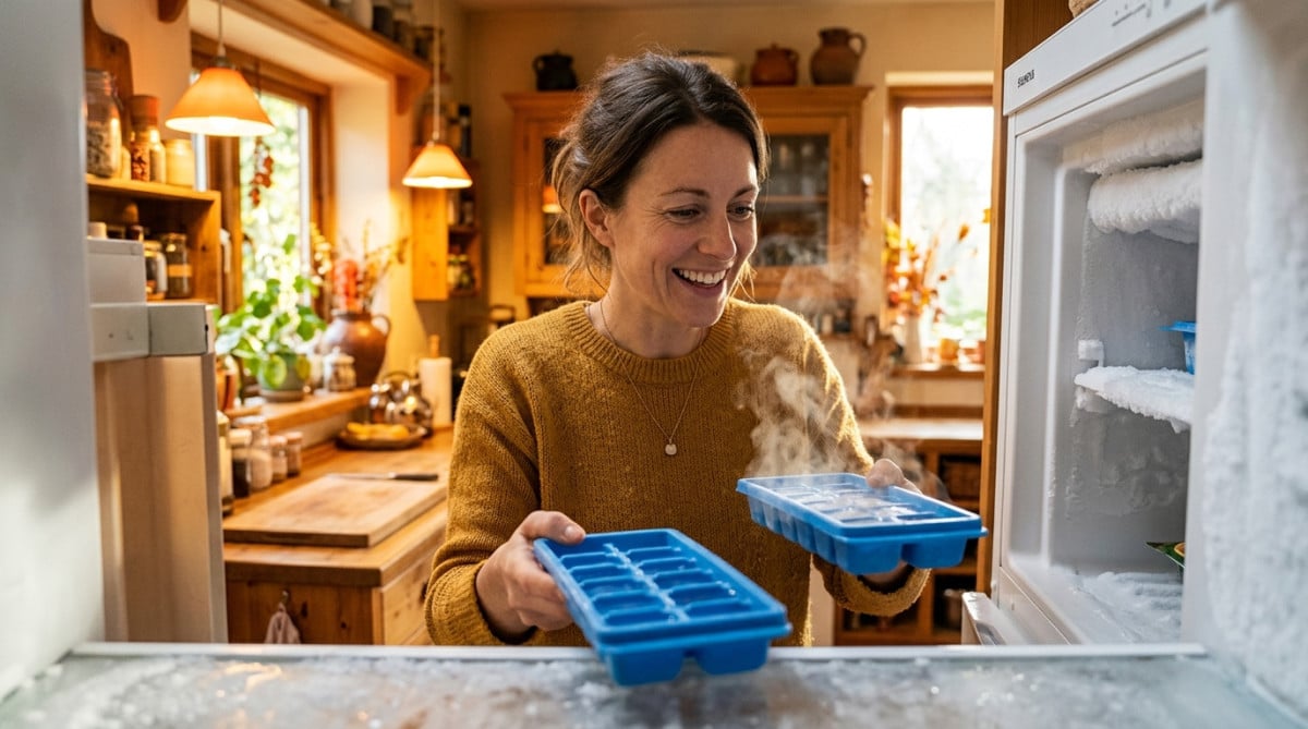 Femme comparant deux bacs à glaçons, eau chaude et froide