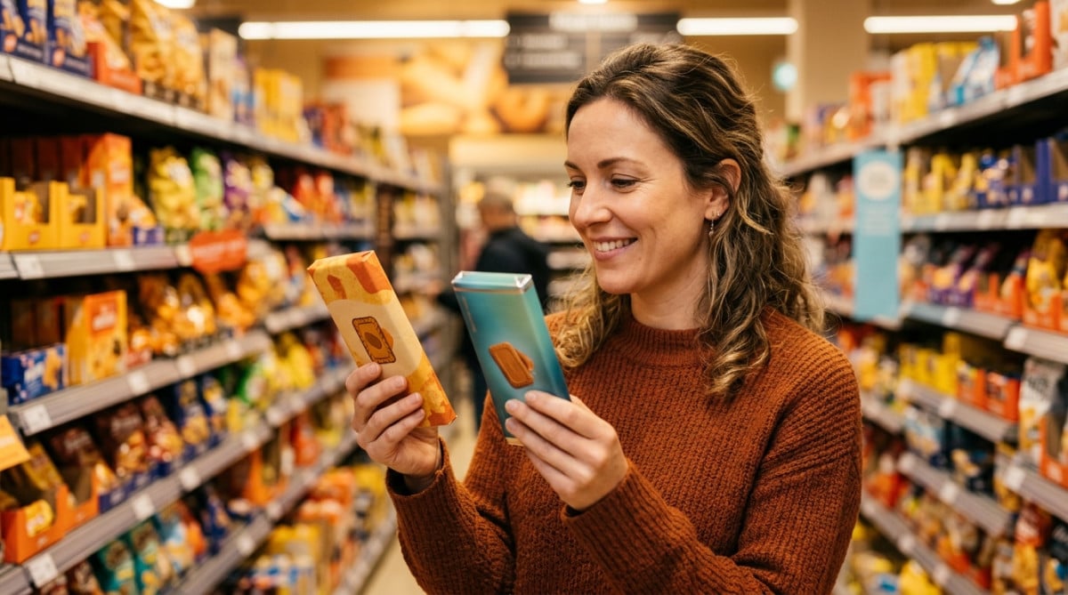 Femme comparant deux barres chocolatées au rayon supermarché