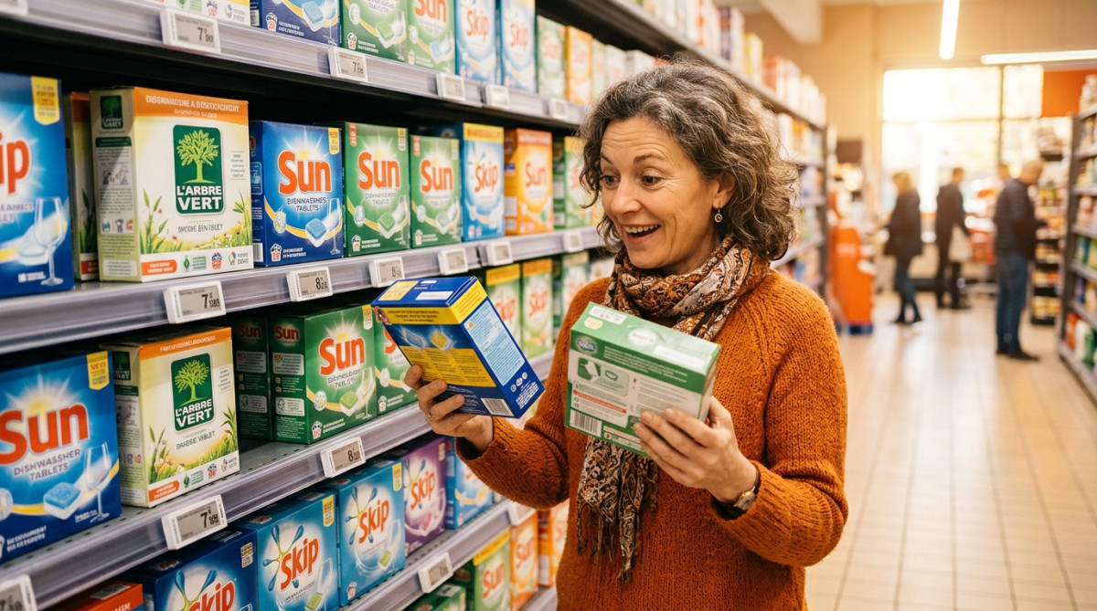 Femme comparant deux boîtes de pastilles lave-vaisselle en rayon