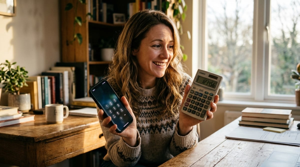 Femme comparant le clavier d'un smartphone et d'une calculatrice