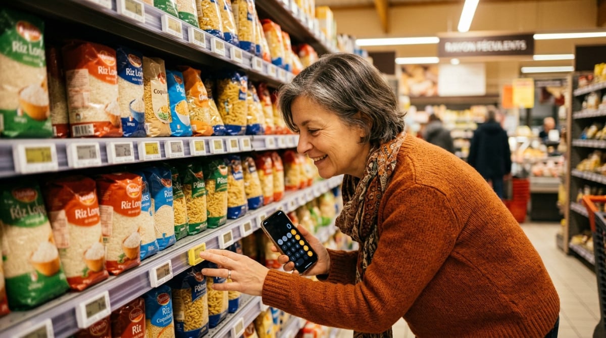 Femme comparant les étiquettes de prix au supermarché