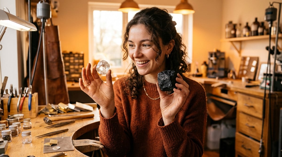 Femme comparant un diamant brut et un morceau de charbon