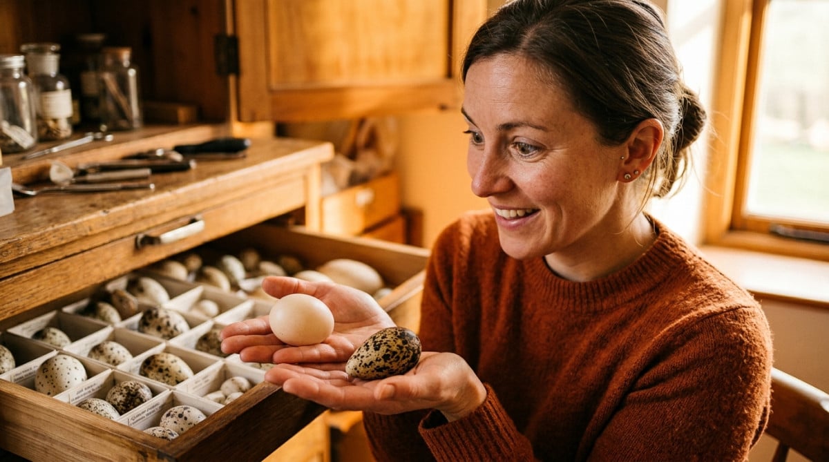 Femme comparant un œuf de hibou rond et un œuf pointu