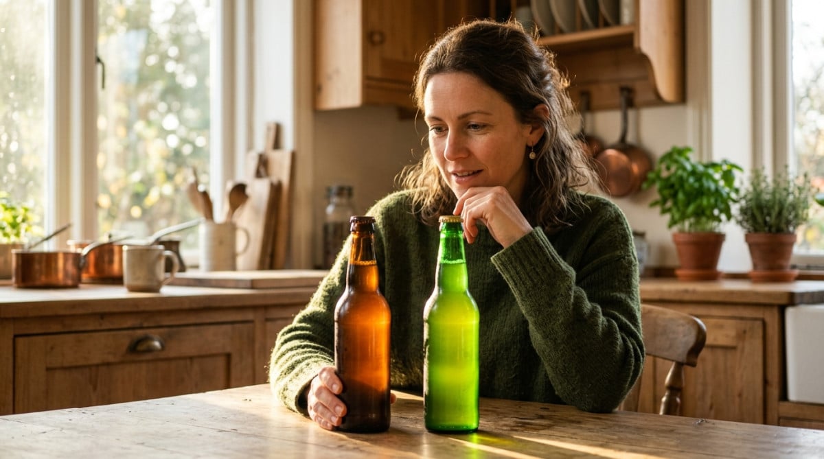 Femme comparant une bouteille de bière brune et une verte