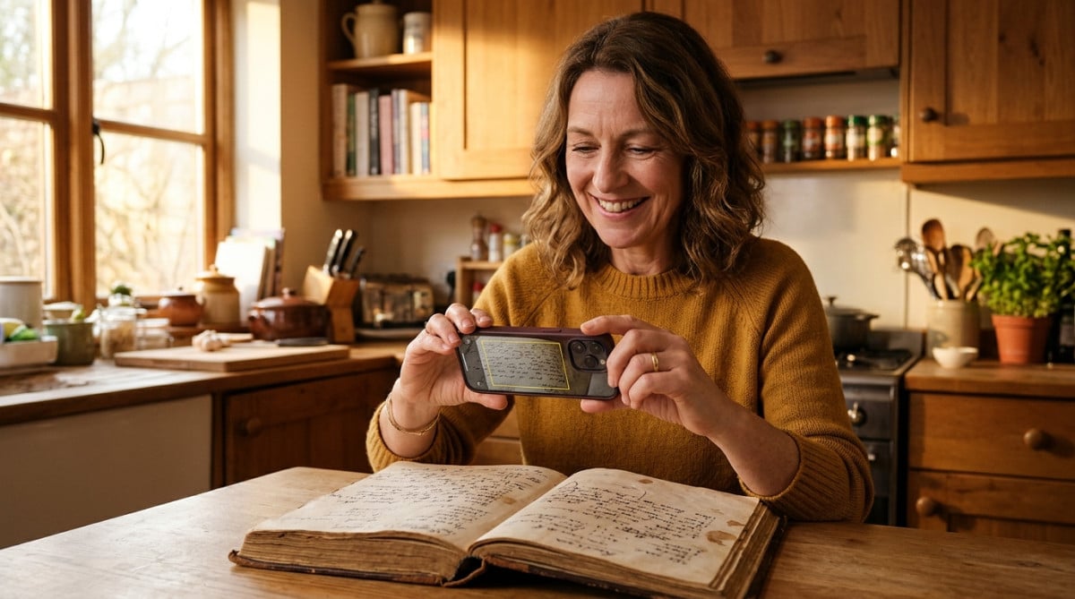 Femme copiant une recette avec l'appareil photo de l'iPhone