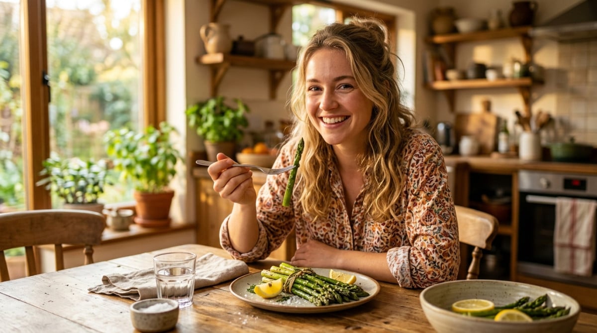 Femme curieuse tenant une asperge verte à table