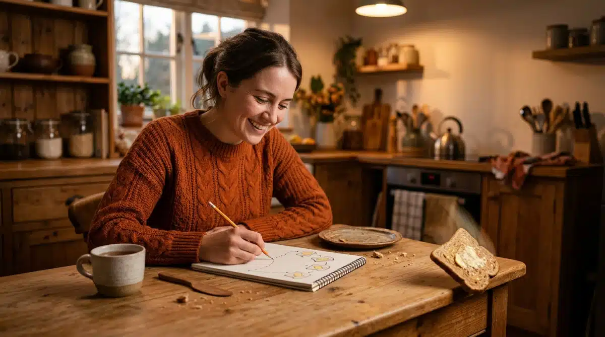 Femme dessinant la rotation d'une tartine qui tombe