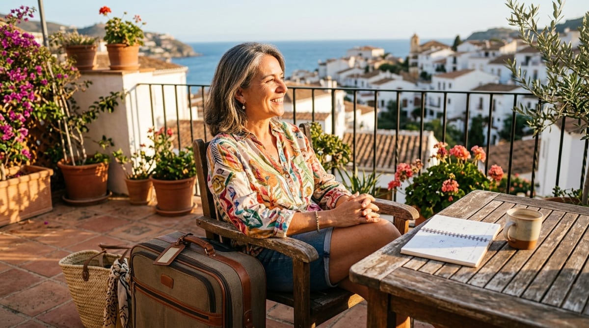 Femme détendue sur une terrasse ensoleillée avec valise