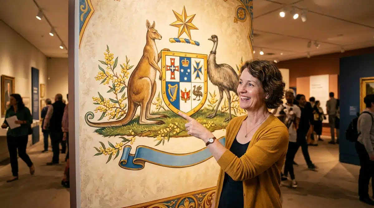 Femme devant des armoiries australiennes avec kangourou et émeu