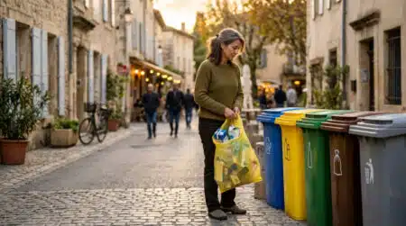Femme devant des bacs de recyclage colorés