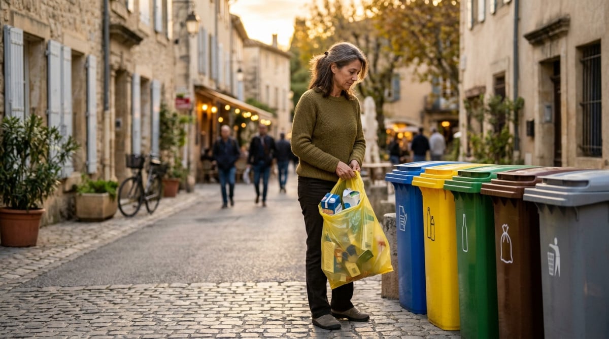 Femme devant des bacs de recyclage colorés