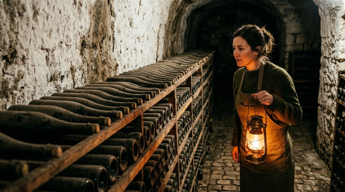 Femme devant des bouteilles de champagne couchées en cave