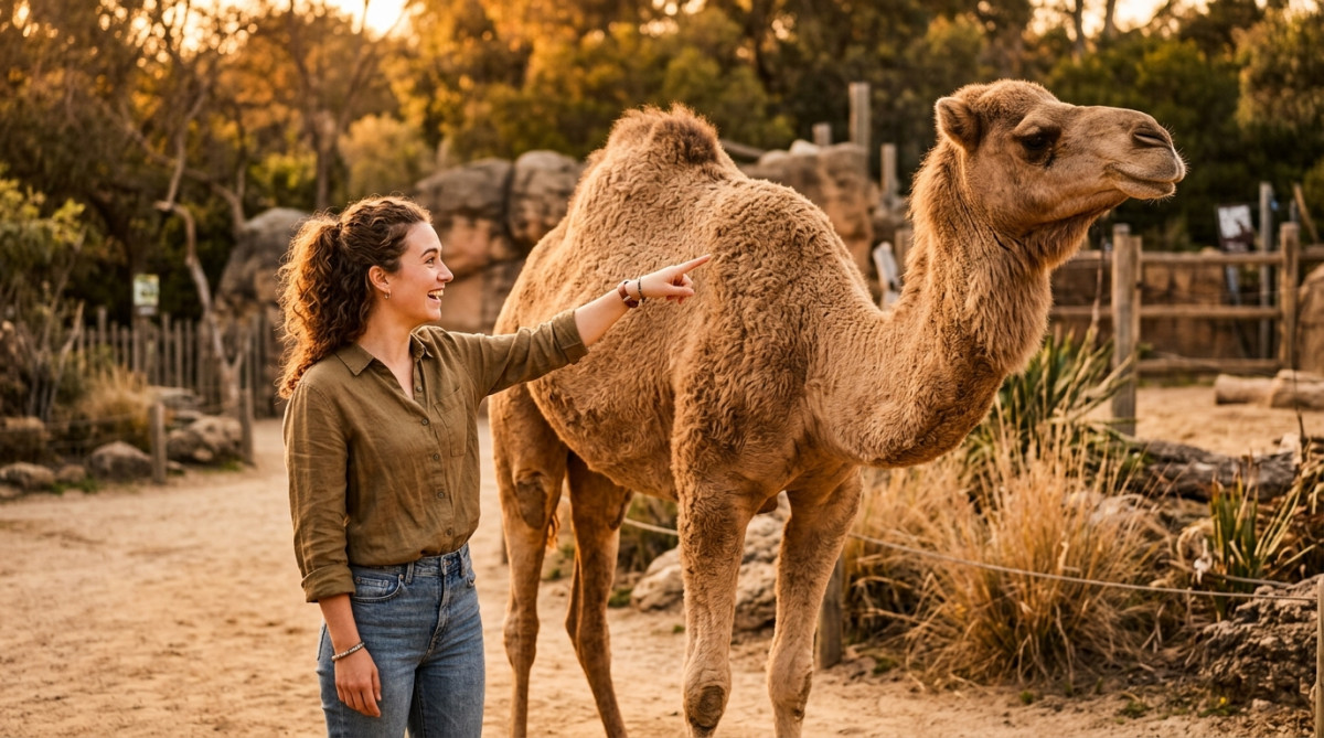 Femme devant un dromadaire au zoo montrant sa bosse