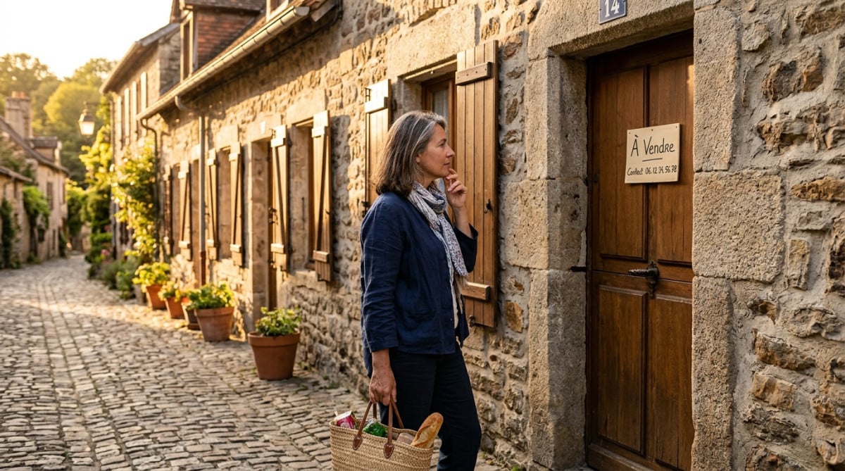 Femme devant une maison vide à vendre dans l'Allier