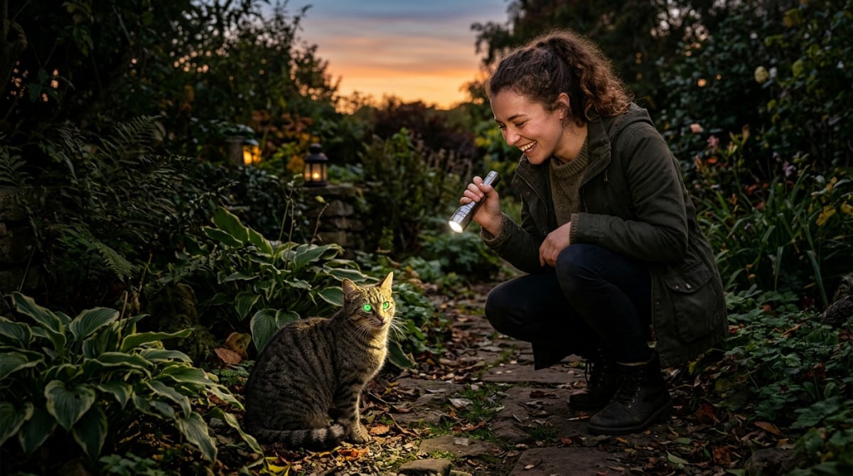 Femme éclairant un chat aux yeux brillants dans un jardin