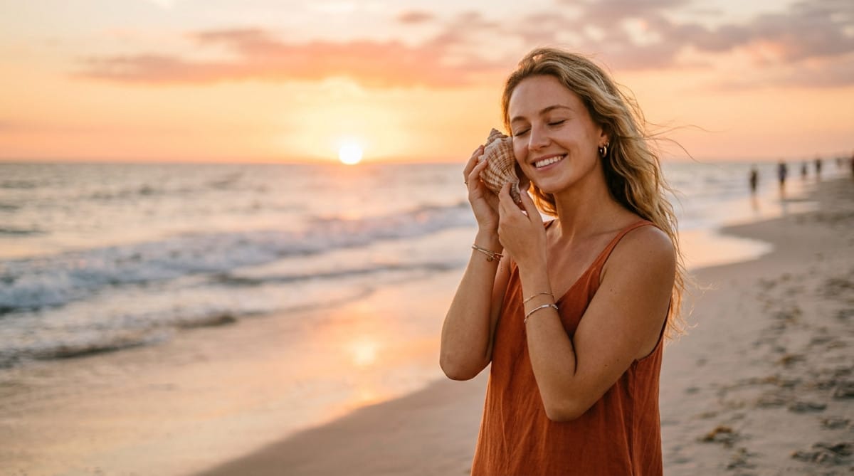 Femme écoutant un coquillage au coucher du soleil