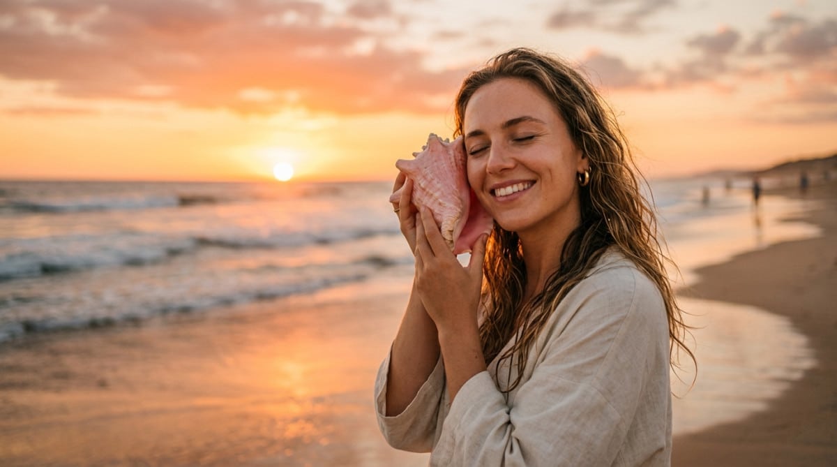 Femme écoutant un coquillage sur la plage au coucher du soleil