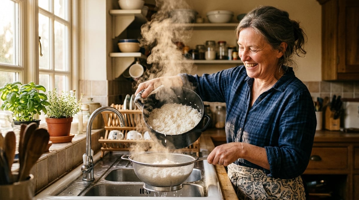 Femme égouttant une grande casserole de riz fumant